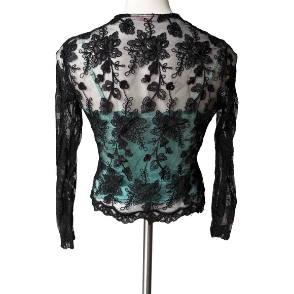 Lisbeth Black Mesh Single Button Floral Embellished Sheer Cardigan - Picture 3 of 14